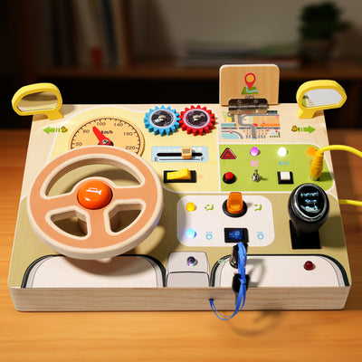 Wooden LED Steering Wheel Busy Board – close-up of switches and gears