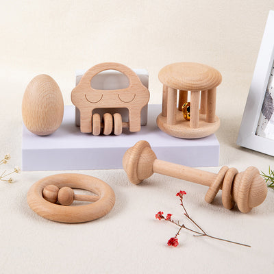 Set de sonajero y juguetes sensoriales Montessori de madera natural | Dentición segura y desarrollo auditivo