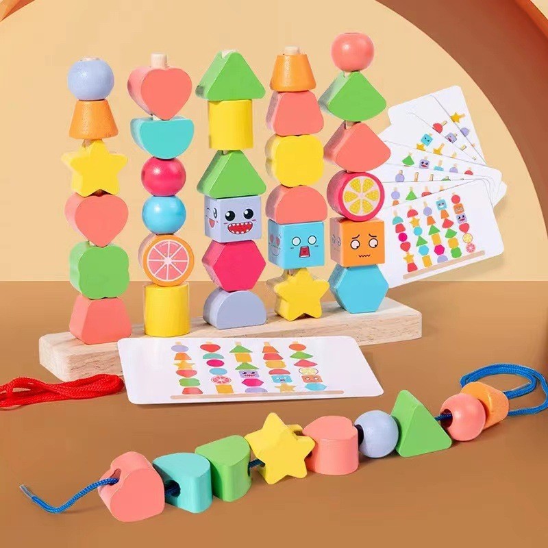Montessori 2-in-1 Holz-Stapelturm & Fädelperlen-Set | Feinmotorik & Farberkennung