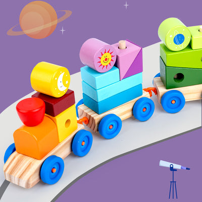 Train à empiler en bois avec blocs de formes géométriques et tiges