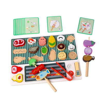 Montessori Holz-Grillset | Interaktives Spießchen-Zuordnungs- & Rollenspiel-Essensspiel für Kinder