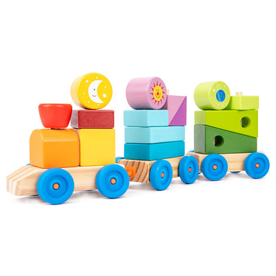 Train à empiler en bois avec blocs de formes géométriques et tiges