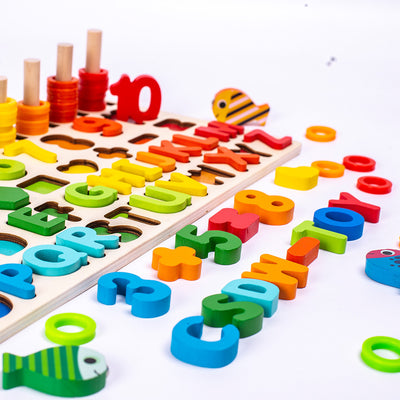Planche d'apprentissage Montessori 5 en 1 en bois | Jeu de pêche magnétique, alphabet, chiffres et chevilles de comptage