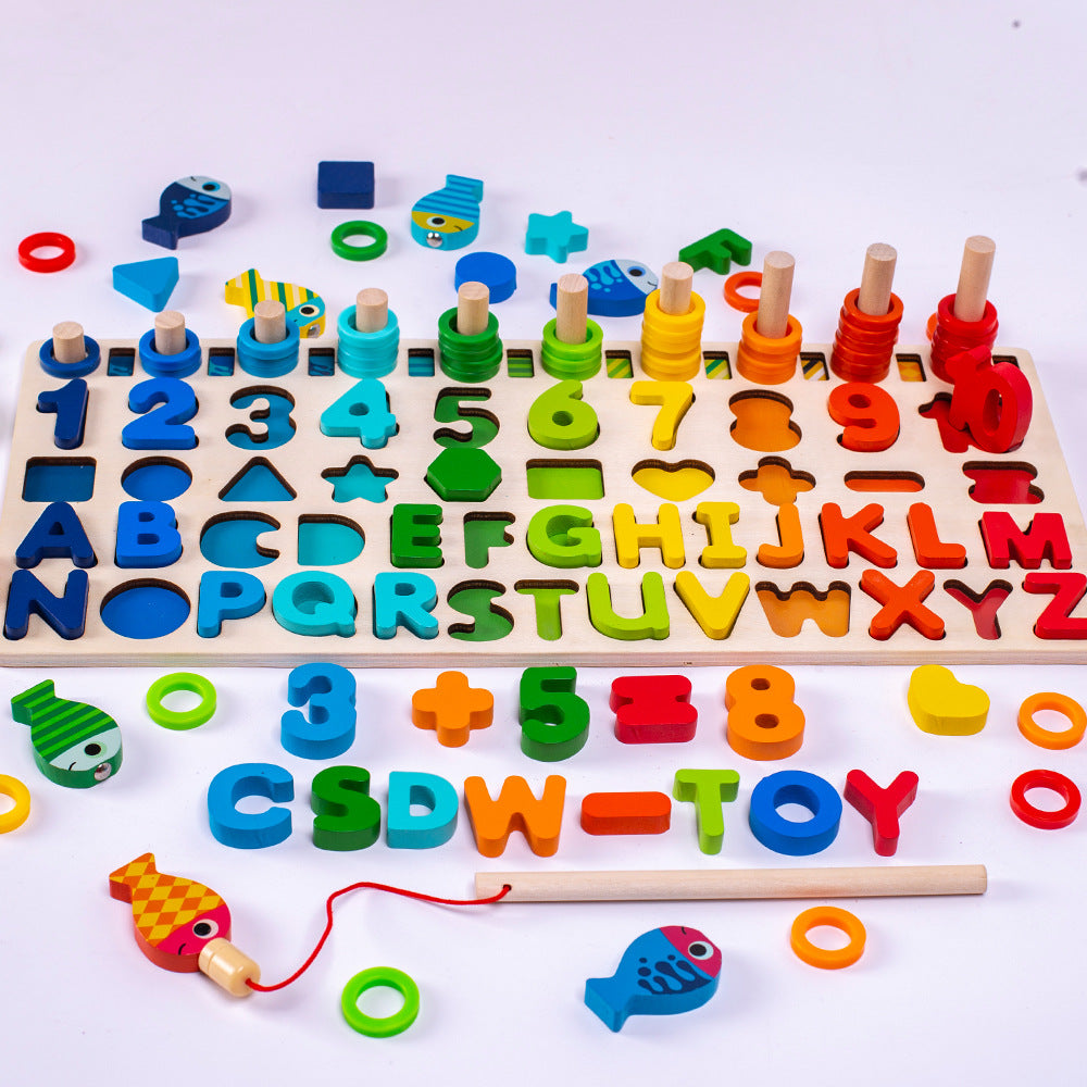 Drewniana tablica edukacyjna Montessori 5 w 1 | Magnetyczne łowienie ryb, alfabet, cyfry i kołki do liczenia