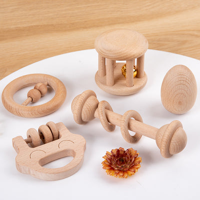Set de sonajero y juguetes sensoriales Montessori de madera natural | Dentición segura y desarrollo auditivo
