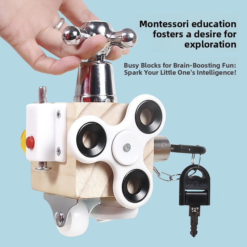 Montessori Holz-Activity-Würfel für Kleinkinder | 6-in-1 Feinmotorik-Fidget-Würfel mit Wasserhahn, Drehrad und Lenkrolle