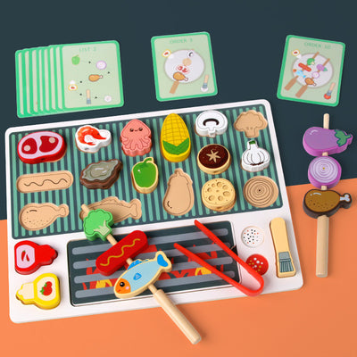 Montessori Holz-Grillset | Interaktives Spießchen-Zuordnungs- & Rollenspiel-Essensspiel für Kinder