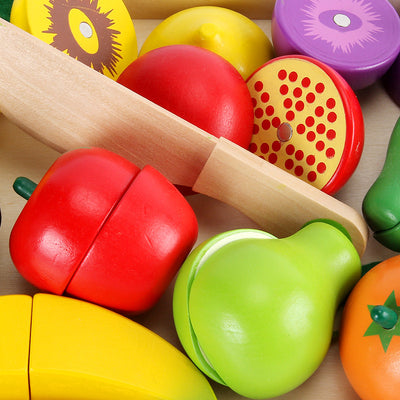 Conjunto de alimentos de madeira para cortar Montessori | Brinquedos de cozinha interativos para crianças pequenas, motricidade fina e faz de conta