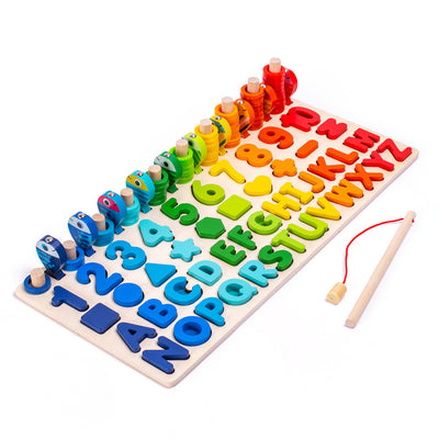 Planche d'apprentissage Montessori 5 en 1 en bois | Jeu de pêche magnétique, alphabet, chiffres et chevilles de comptage
