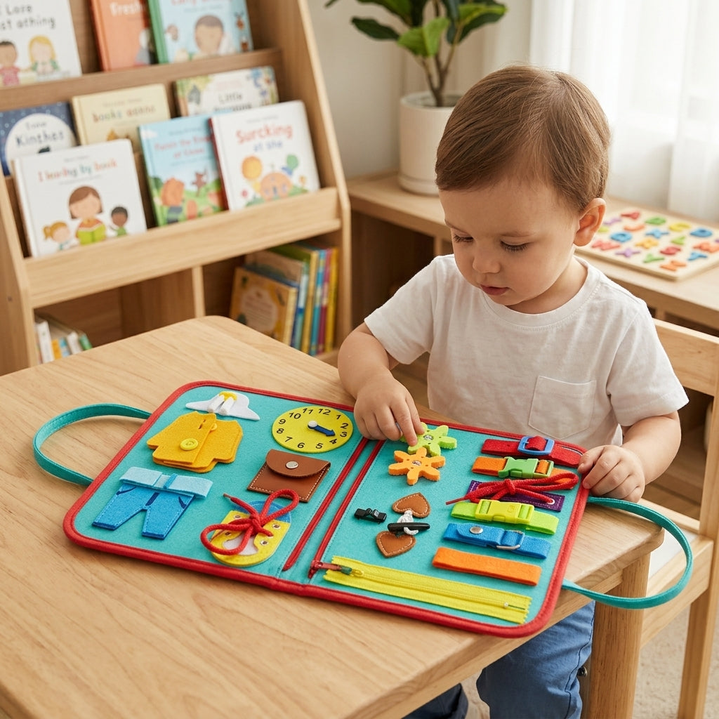 Montessori Dressing Skills Busy Board | Soft Felt Zip, Button & Lacing Board