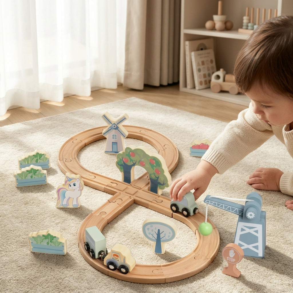 Houten treinset met 31 stukken | Plattelandsavontuur met achtvormig spoor