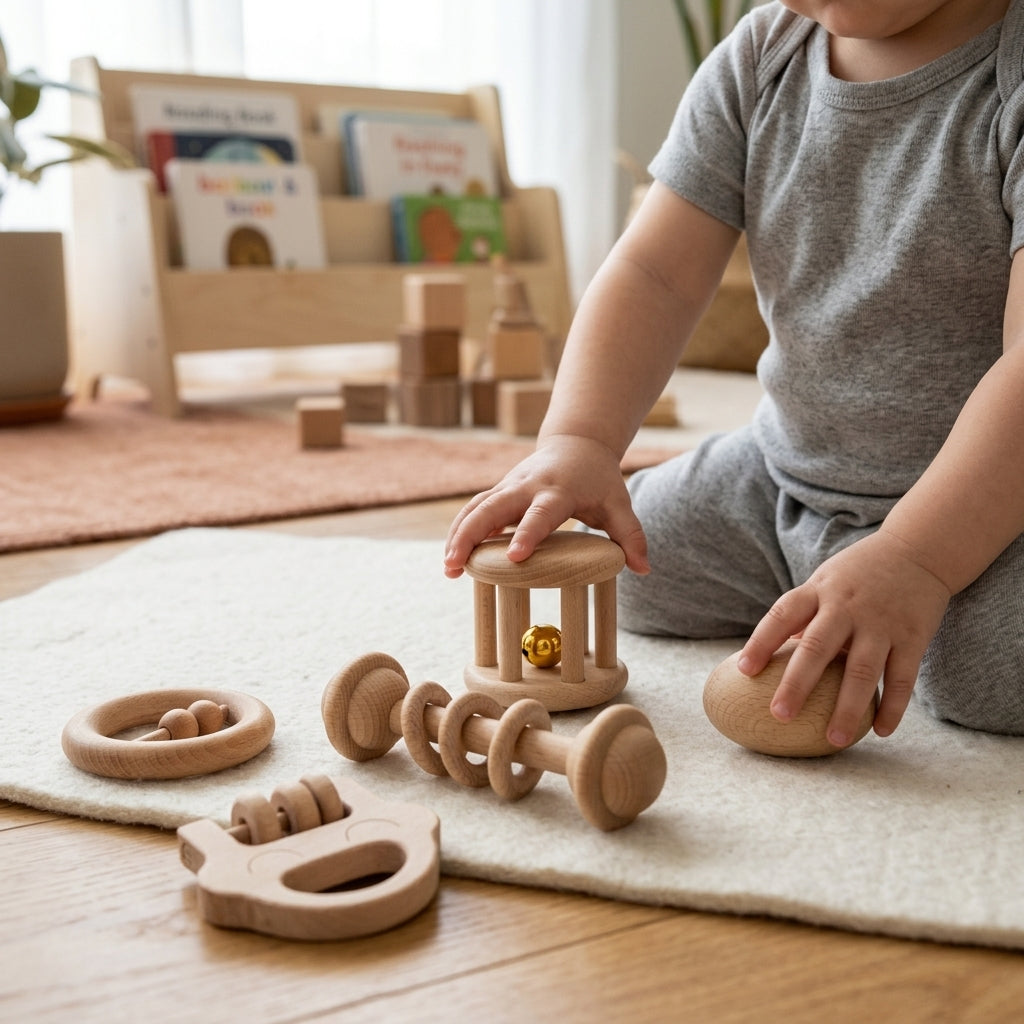 Montessori rammelaar- en zintuigenset van natuurlijk hout | Veilig bijten & gehoorontwikkeling