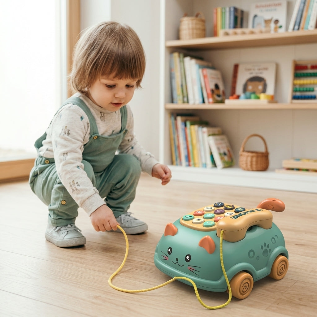 Téléphone chat Montessori à tirer | Jouet interactif 2-en-1 d'éveil et de marche pour tout-petits