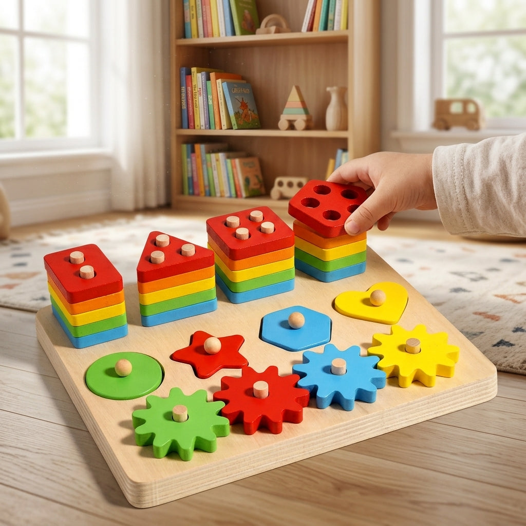 Geometrisches Stapel- & Matching-Brett | 5-in-1 Montessori Frühlerntätigkeit