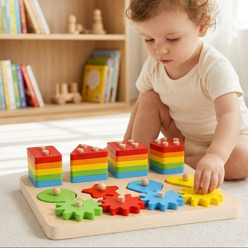 Geometrisches Stapel- & Matching-Brett | 5-in-1 Montessori Frühlerntätigkeit