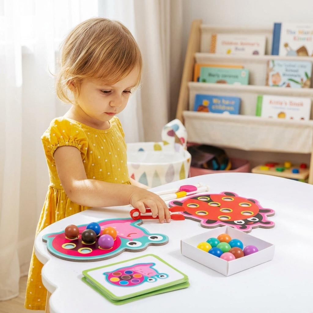 Montessori Bead Clip Game | Wooden Tweezer Sorting Toy for Fine Motor Skills