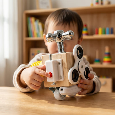 Montessori Holz-Activity-Würfel für Kleinkinder | 6-in-1 Feinmotorik-Fidget-Würfel mit Wasserhahn, Drehrad und Lenkrolle