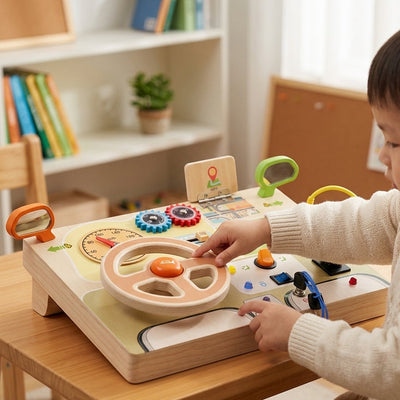 Wooden LED Steering Wheel Busy Board – Montessori dashboard toy