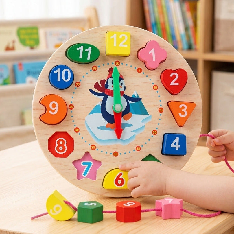 3-in-1 Montessori Wooden Penguin Clock & Lacing Toy | Early Learning Time & Shape Sorter