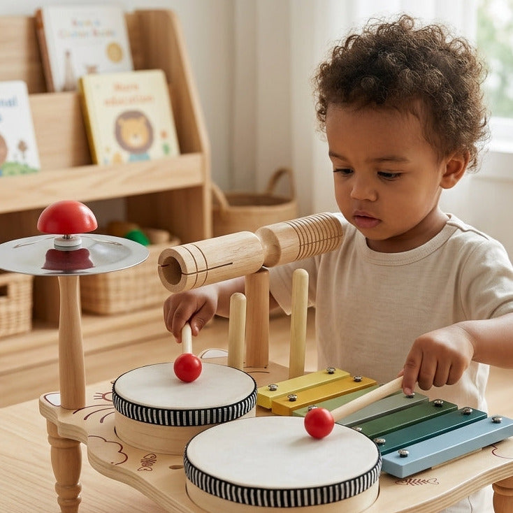 Mesa musical de madeira 5 em 1 Little Virtuoso | Conjunto de instrumentos de percussão Montessori para crianças pequenas