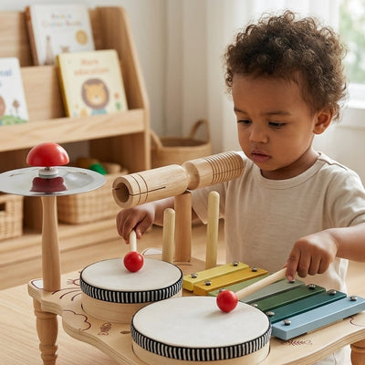 Mesa musical de madeira 5 em 1 Little Virtuoso | Conjunto de instrumentos de percussão Montessori para crianças pequenas