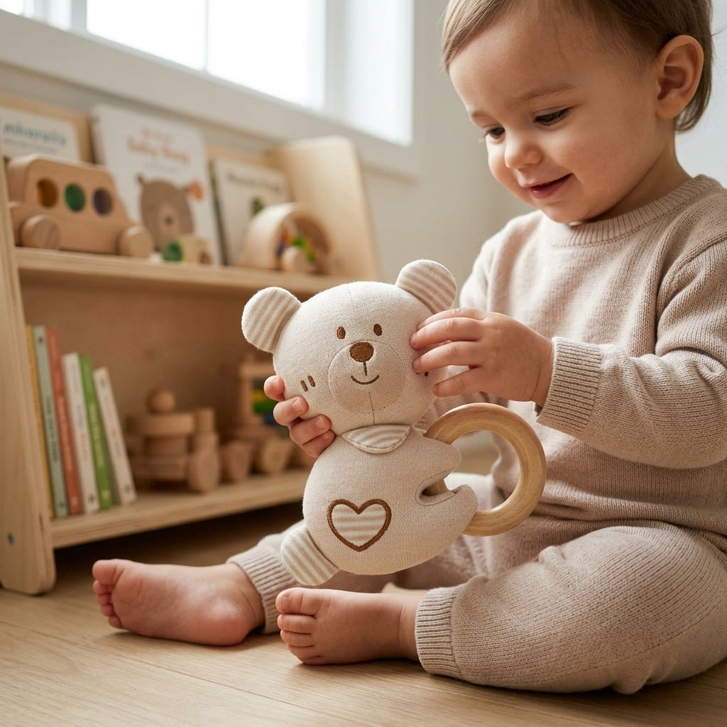 Organic Cotton Animal Teether Ring | Soft Baby Hand Rattle