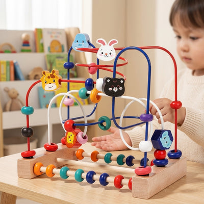 Holz-Tier-Kugelbahn & Abakus Activity-Center | 2-in-1 Montessori Feinmotorik- & Sinnesspielzeug für Kleinkinder