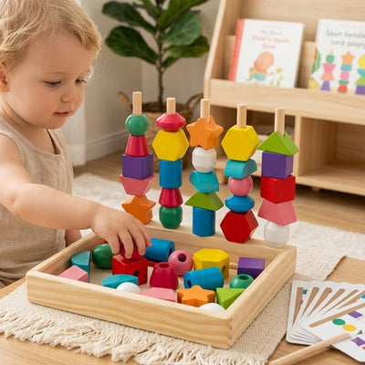 Empilhador Montessori 3-em-1 de formas, classificação e enfiamento em madeira