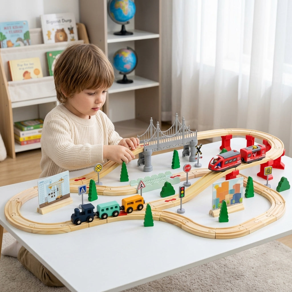 Houten treinbaan met elektrische trein | Houten speelgoed voor kinderen