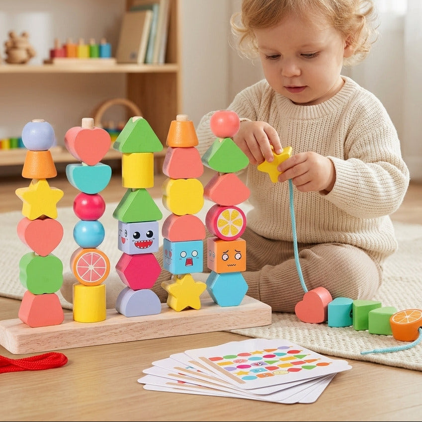 Montessori 2-in-1 Holz-Stapelturm & Fädelperlen-Set | Feinmotorik & Farberkennung