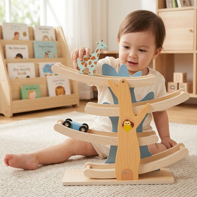 Rampe arbre Montessori en bois avec animaux glisseurs | Jouet à 4 niveaux pour le suivi visuel et la motricité fine