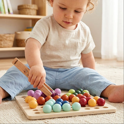 Jogo de classificação de contas de madeira Eichhorn Montessori com pinça | Brinquedo educativo de motricidade fina