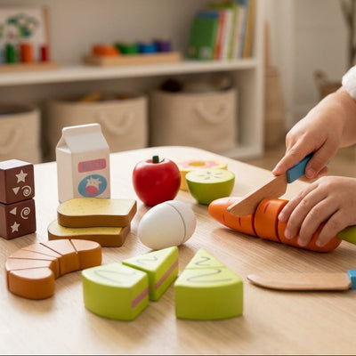 Conjunto de alimentos de madeira para cortar Montessori | Brinquedos de cozinha interativos para crianças pequenas, motricidade fina e faz de conta