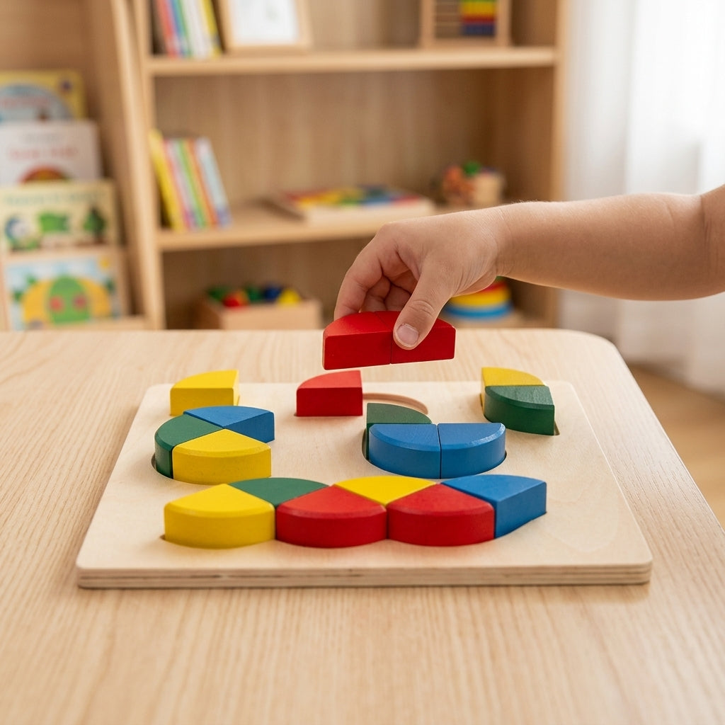 Drewniane puzzle Montessori ułamki i kształty | Zabawka edukacyjna do wczesnej matematyki i motoryki małej