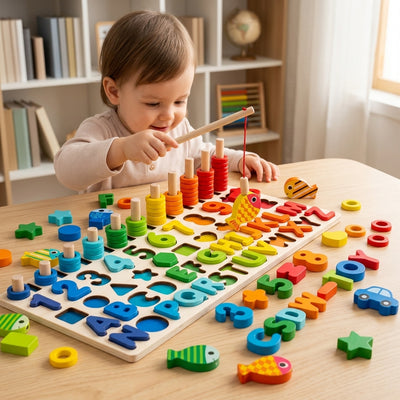 Planche d'apprentissage Montessori 5 en 1 en bois | Jeu de pêche magnétique, alphabet, chiffres et chevilles de comptage