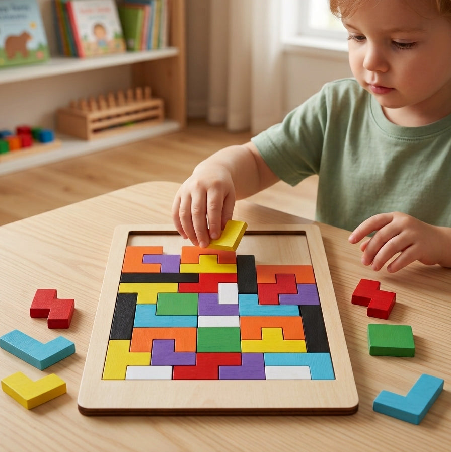 Drewniane puzzle geometryczne | Łamigłówka Montessori dla dzieci
