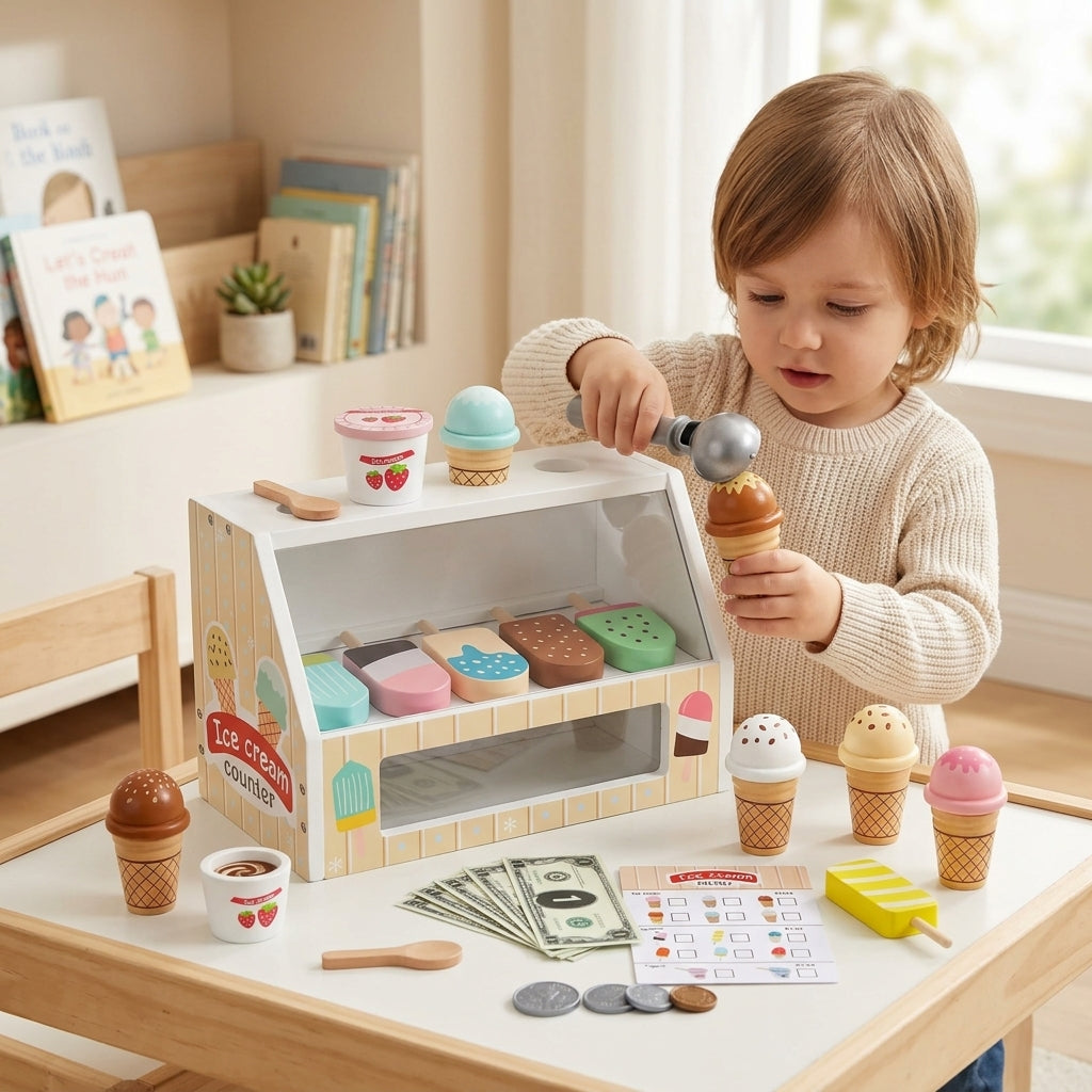 Sweet Scoops Eisdielen-Theke aus Holz | Montessori-Rollenspiel- & Früh-Mathe-Set