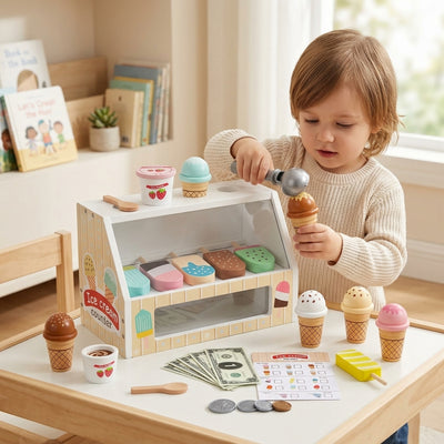 Sweet Scoops Wooden Ice Cream Counter | Montessori Pretend Play & Early Math Set