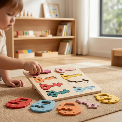 Montessori sleutel-en-slot puzzel – Premium houten bord voor fijne motoriek en vormen sorteren voor peuters
