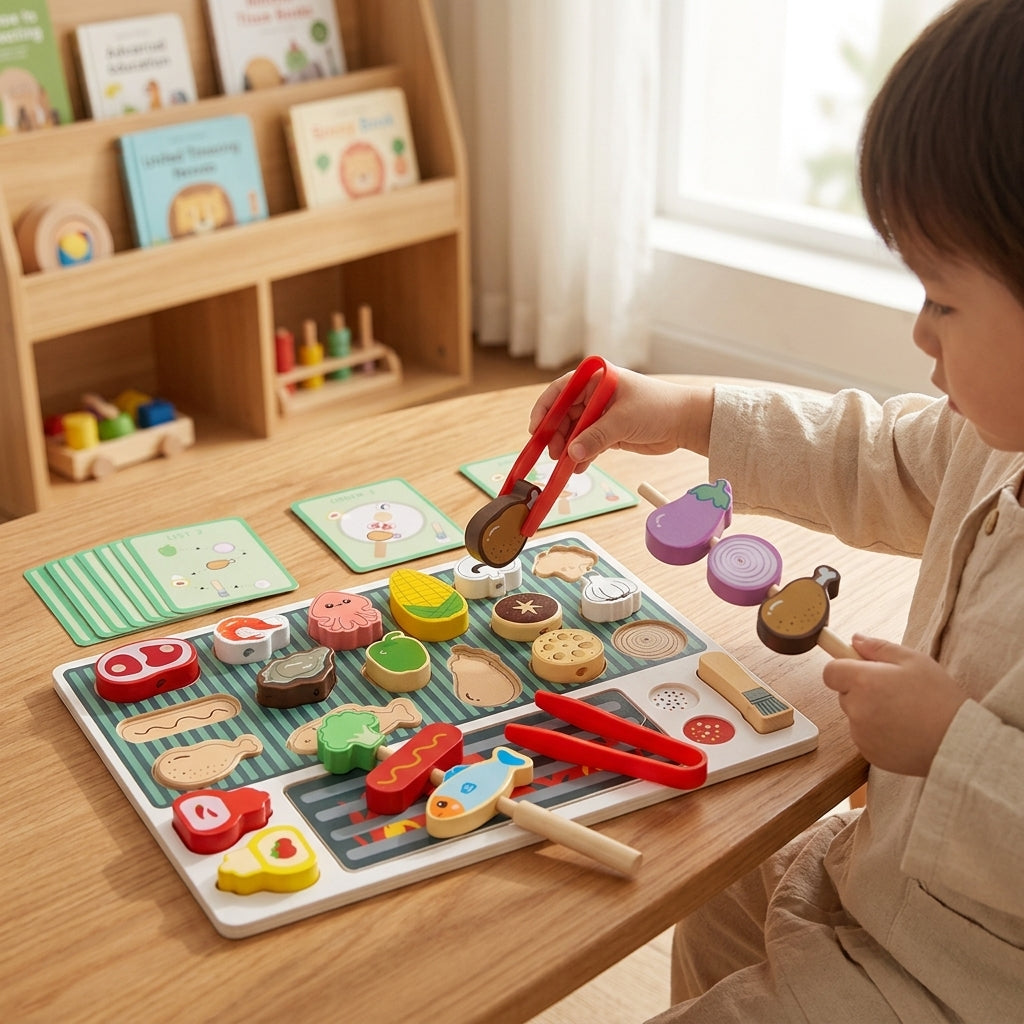 Montessori Holz-Grillset | Interaktives Spießchen-Zuordnungs- & Rollenspiel-Essensspiel für Kinder