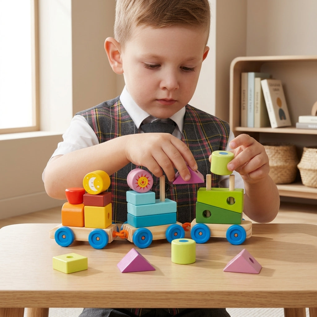 Wooden Stacking Train Toy with Geometric Shape Blocks & Pegs