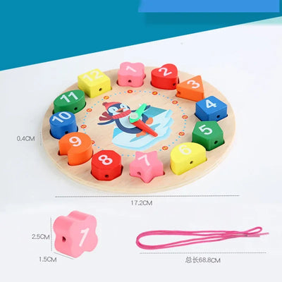 Horloge pingouin en bois Montessori 3-en-1 et jeu d'enfilage | Heure et tri des formes