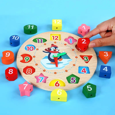 Horloge pingouin en bois Montessori 3-en-1 et jeu d'enfilage | Heure et tri des formes