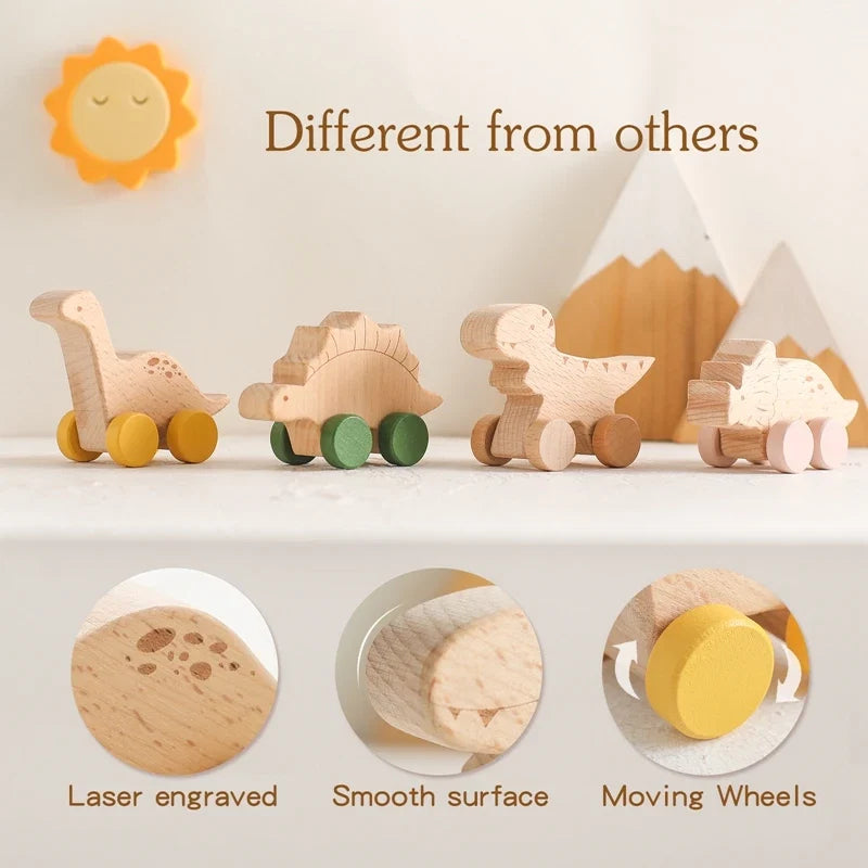 Natural Wood Dinosaur Push Toy | Beech Wood Toddler Car-3