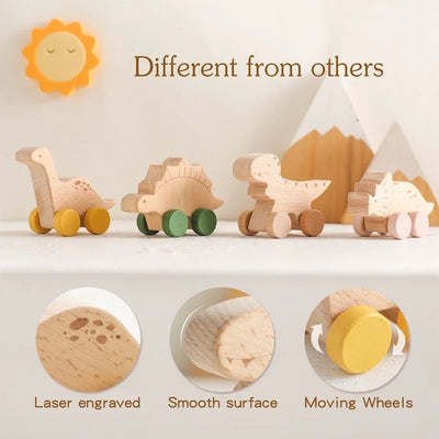 Natural Wood Dinosaur Push Toy | Beech Wood Toddler Car-3