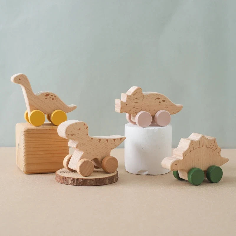 Natural Wood Dinosaur Push Toy | Beech Wood Toddler Car-0