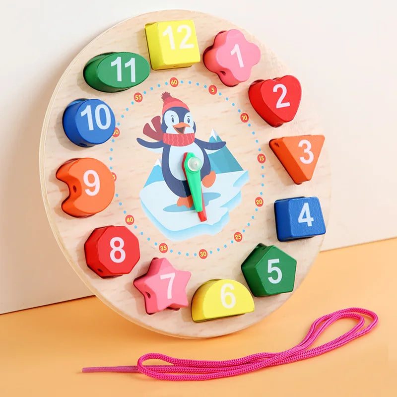 3-in-1 Montessori Wooden Penguin Clock & Lacing Toy | Early Learning Time & Shape Sorter