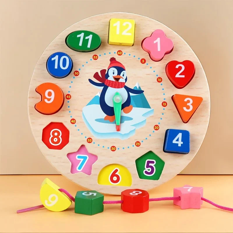 3-in-1 Montessori Wooden Penguin Clock & Lacing Toy | Early Learning Time & Shape Sorter