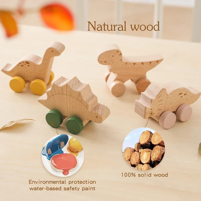 Natural Wood Dinosaur Push Toy | Beech Wood Toddler Car-1