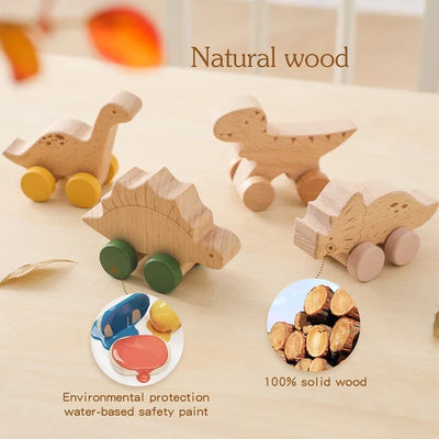 Natural Wood Dinosaur Push Toy | Beech Wood Toddler Car-1